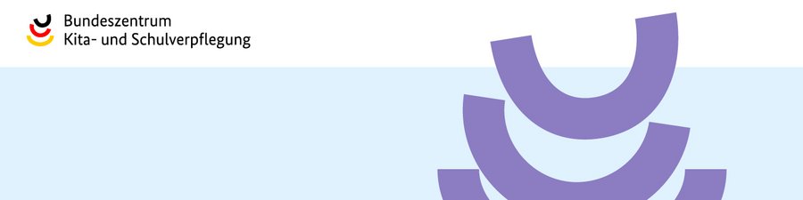 Logo Bundeszentrum Kita- und Schulverpflegung. Drei lilafarbene Schüsseln